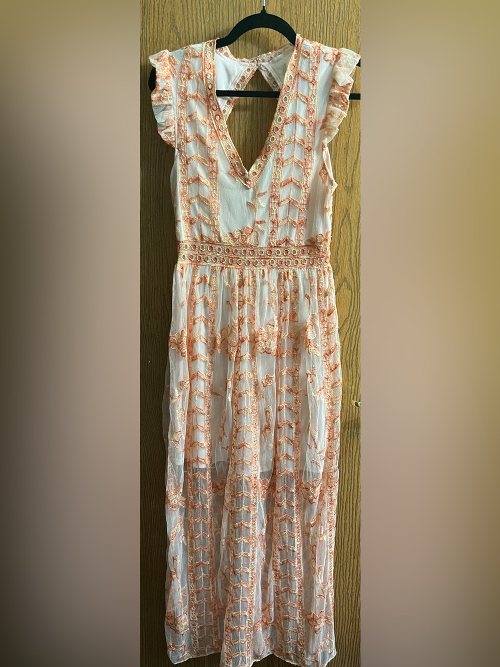 Altered State White and Peach Embroidered V-Neck Maxi Dress
